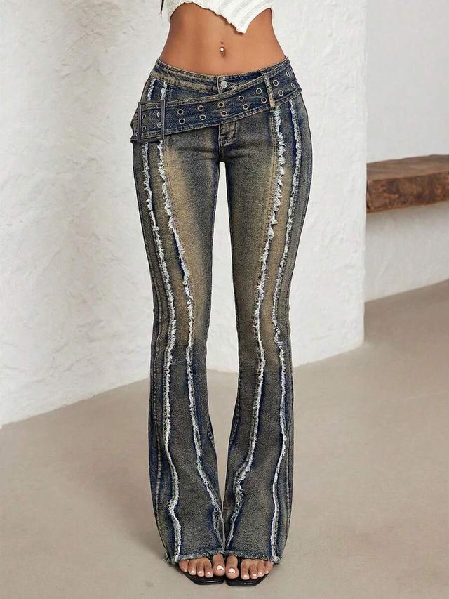 distressed wash low waist flare leg jeans
