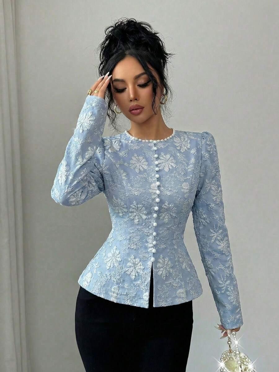 light blue floral jacquard pearl button blouse
