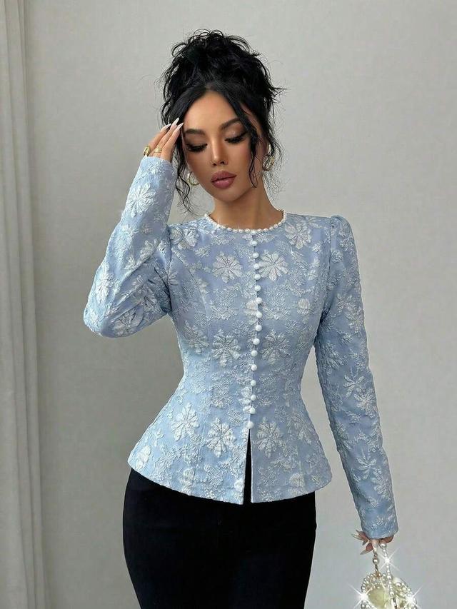 light blue floral jacquard pearl button blouse