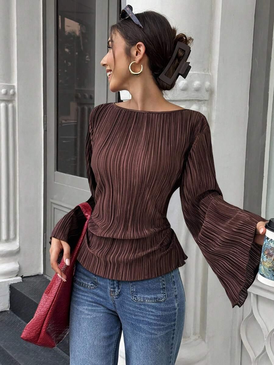brown pleated wide round neck flare sleeve cinched shirt