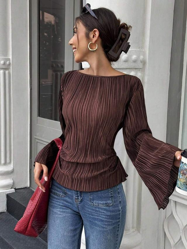 brown pleated wide round neck flare sleeve cinched shirt