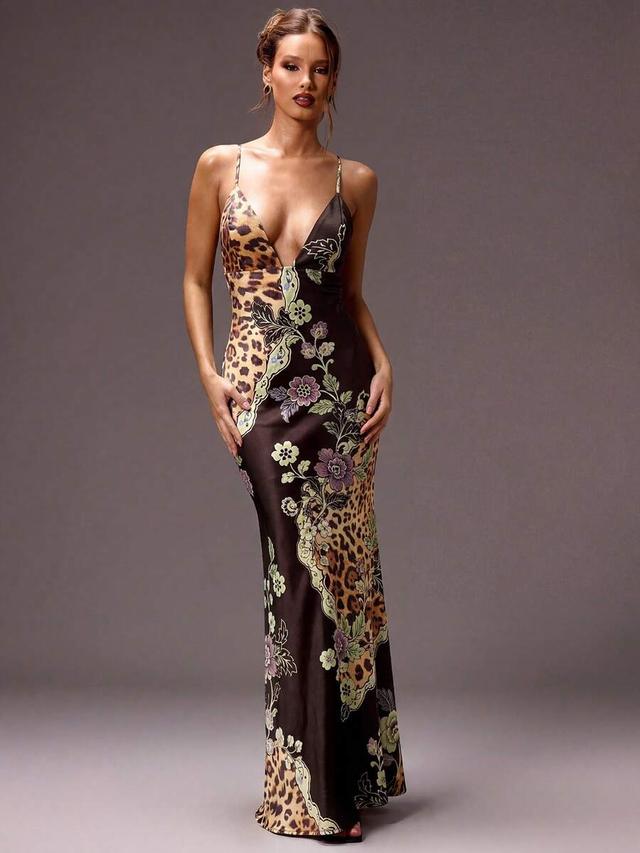 leopard and floral print satin slip dress