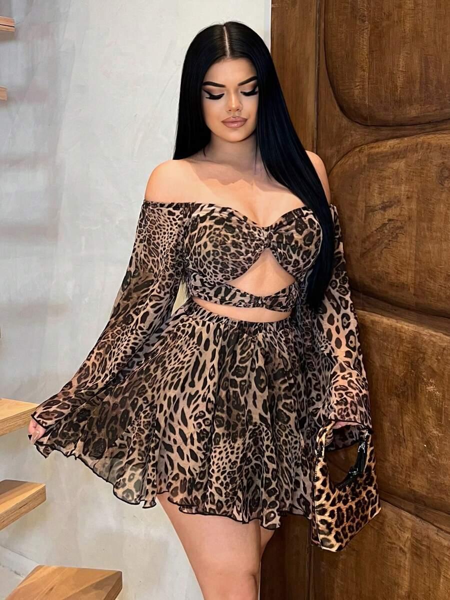 leopard print off shoulder long sleeve two piece set