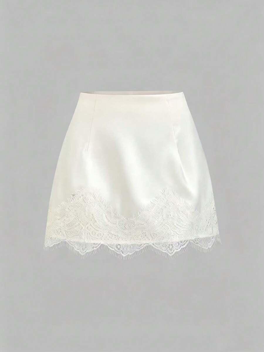 elegant satin mini skirt with delicate lace hem