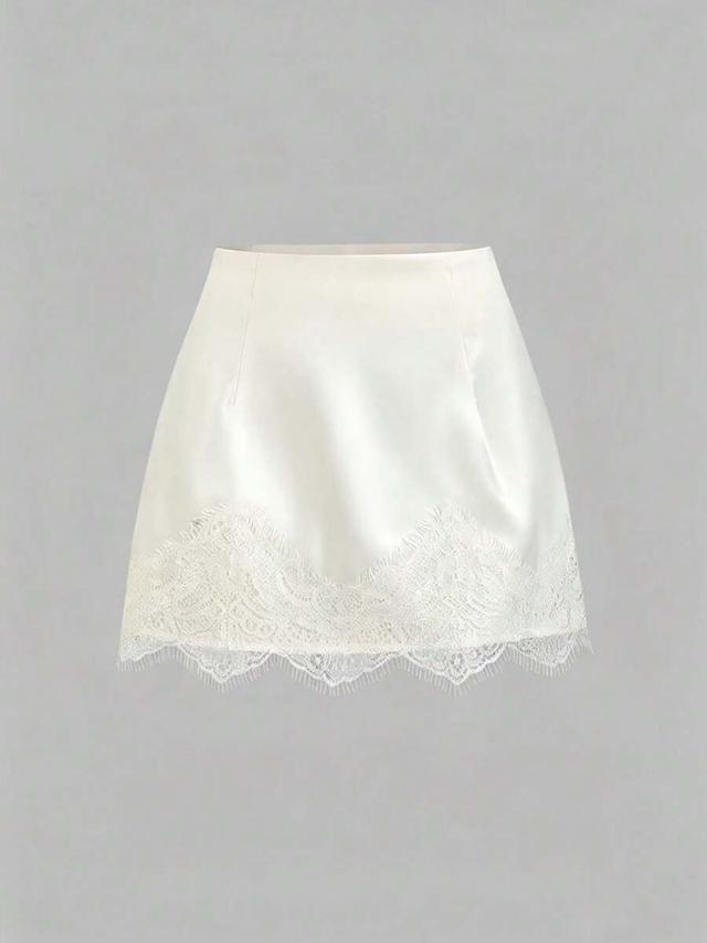 elegant satin mini skirt with delicate lace hem
