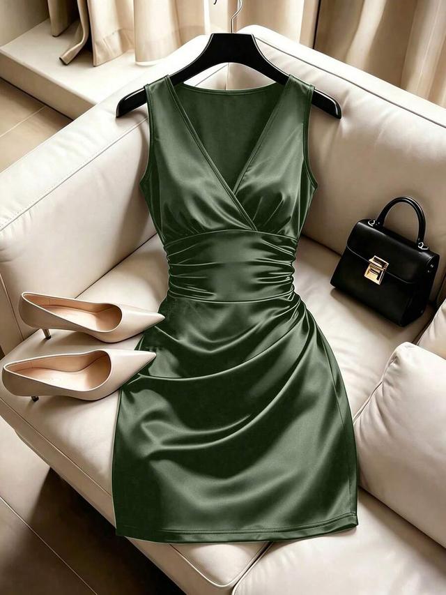 olive green satin v-neck ruched waist dress