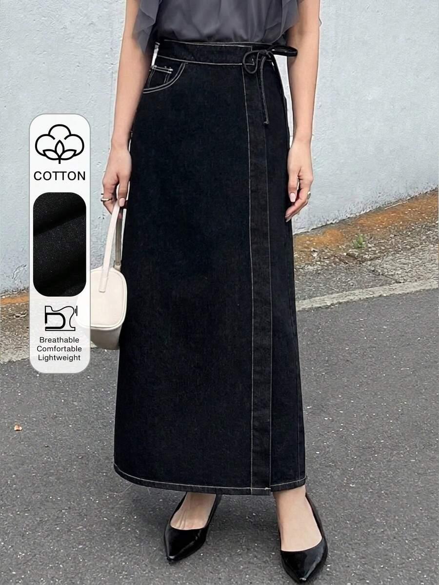 black denim side knot long skirt