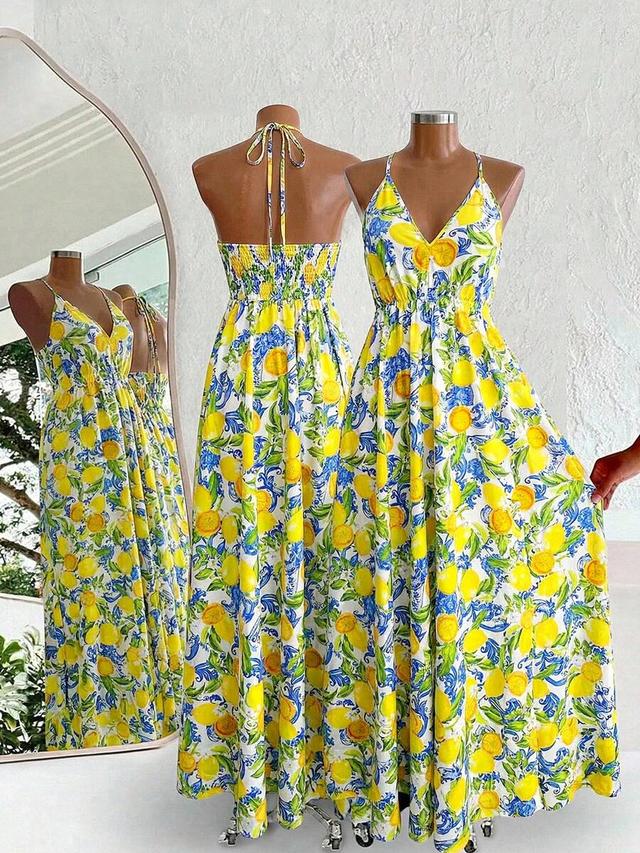 white floral lemon print halter backless maxi dress