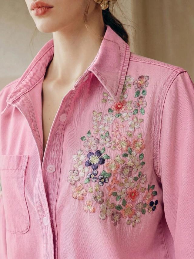 pink floral embroidered long sleeve denim shirt
