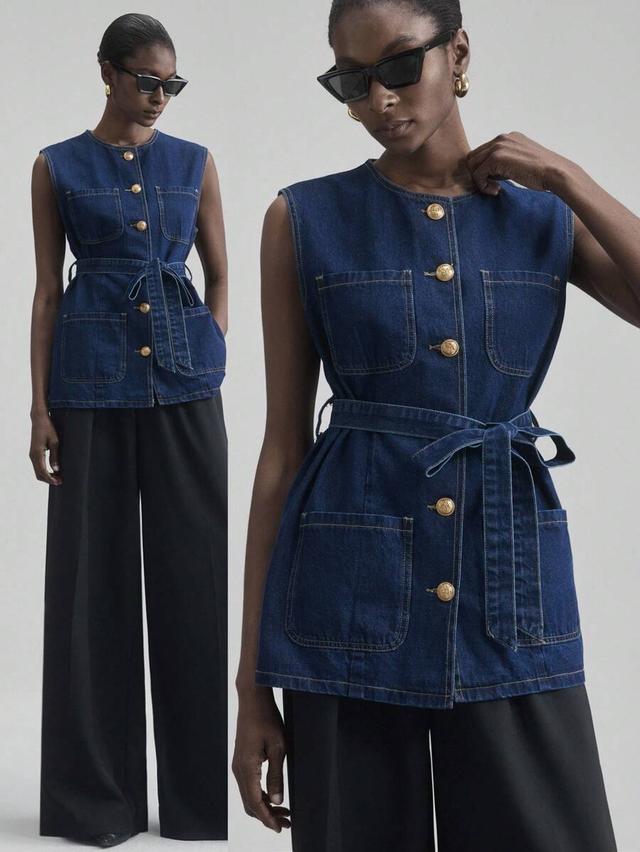dark blue sleeveless denim jacket with waist tie
