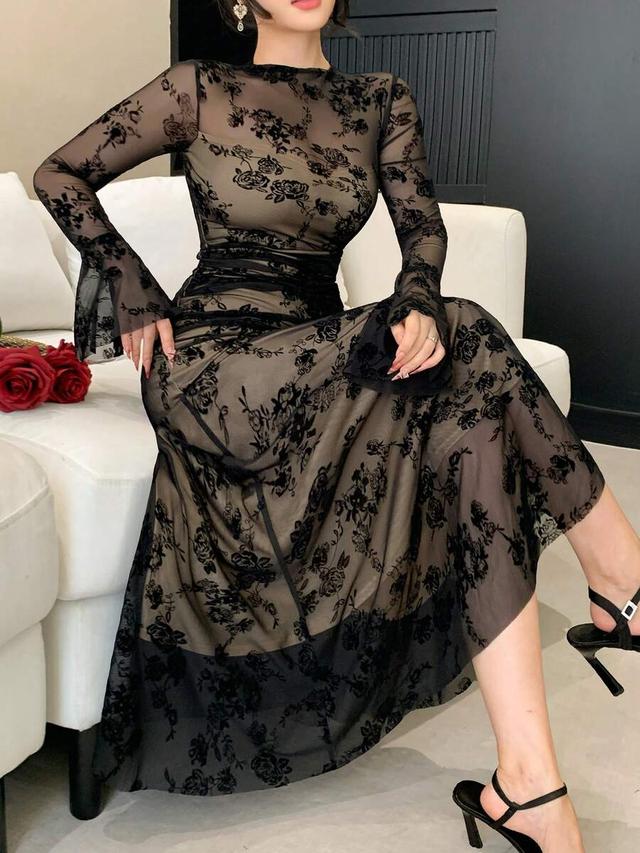 black floral lace mesh midi dress with flare sleeves
