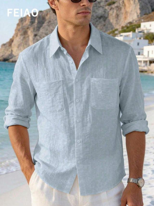 light blue linen-blend button-front casual shirt
