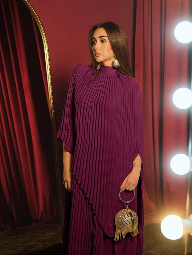 purple pleated stand collar batwing sleeve long dress