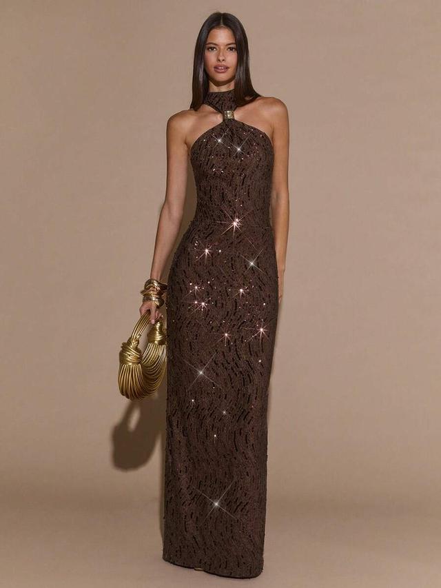 dark brown halter neck sequin embellished straight dress
