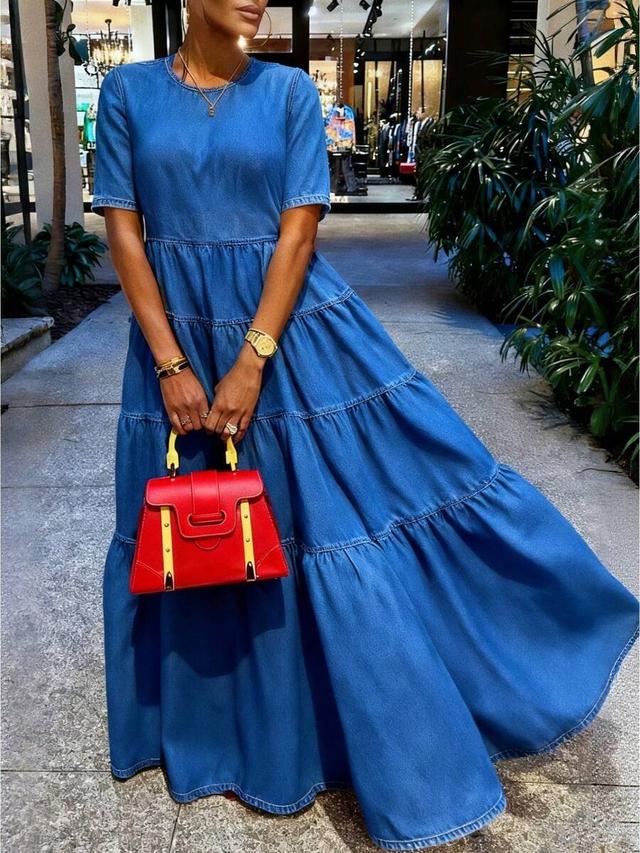 blue denim crew neck short sleeve tiered maxi dress