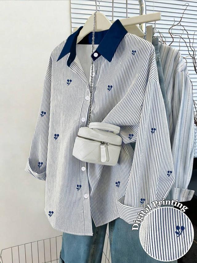 loose casual striped button-front long sleeve shirt