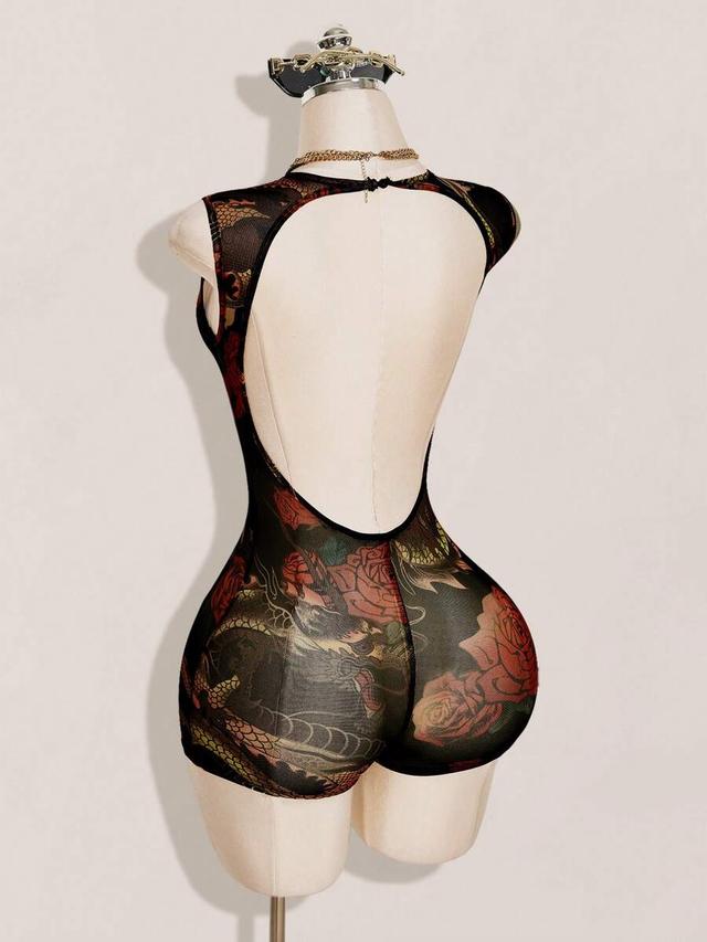 dragon print mesh fitted tank romper