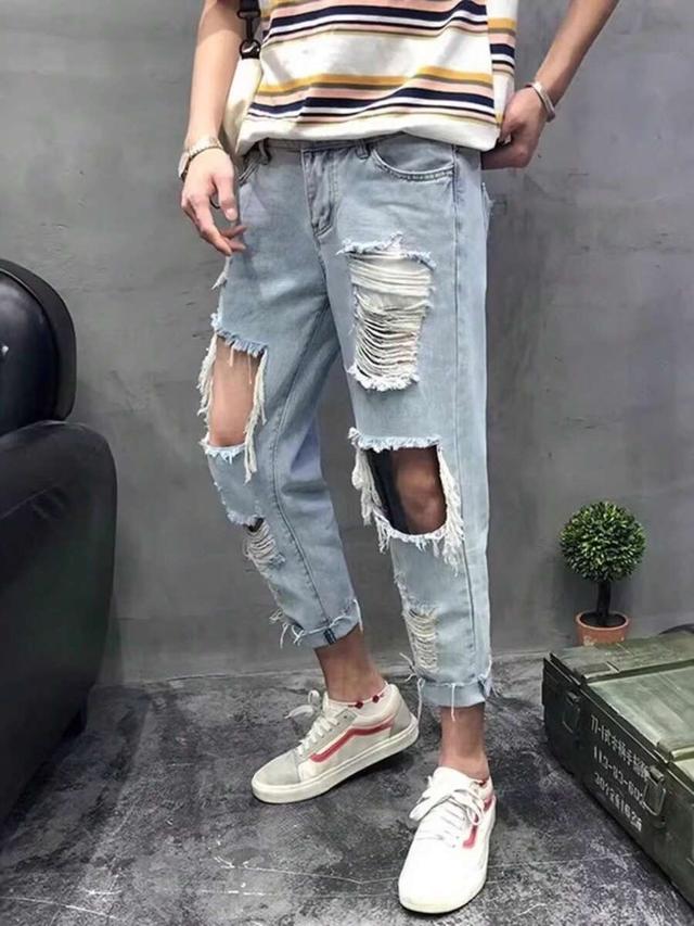 vintage washed distressed ripped denim trousers