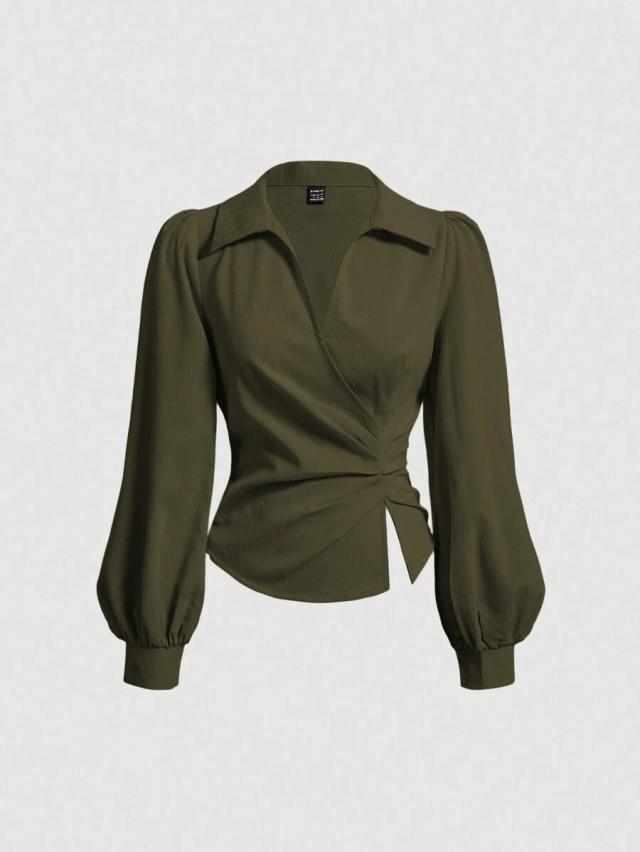 olive green ruched waist puff sleeve blouse