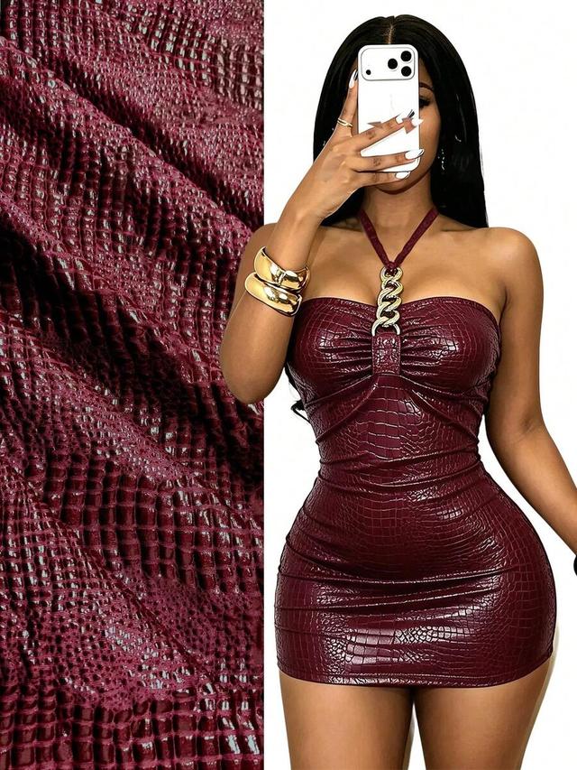 burgundy faux crocodile skin halter mini dress