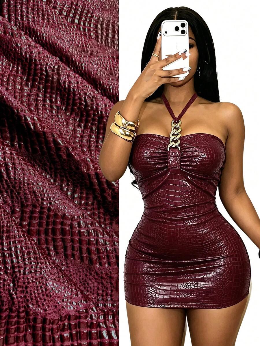burgundy faux crocodile skin halter mini dress