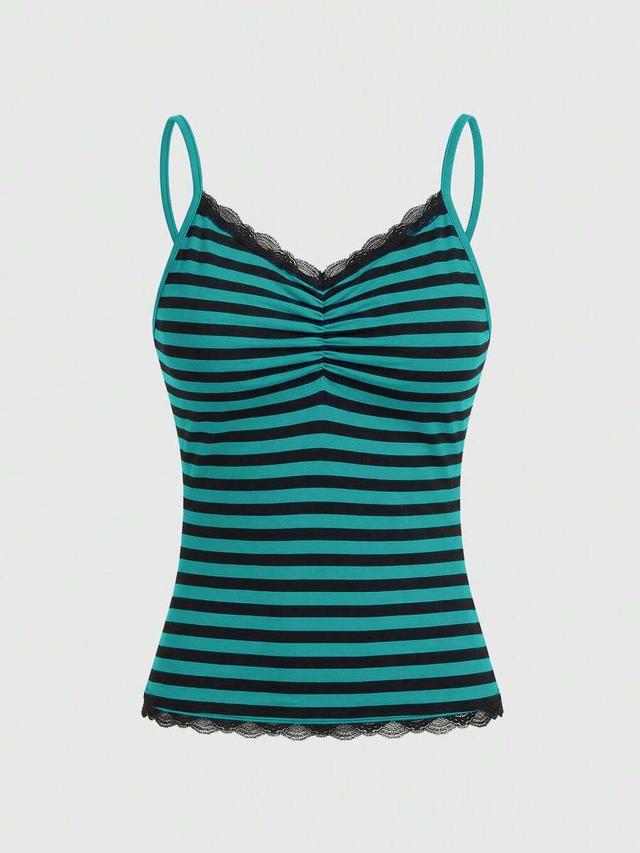 striped camisole with lace trim and center ruching