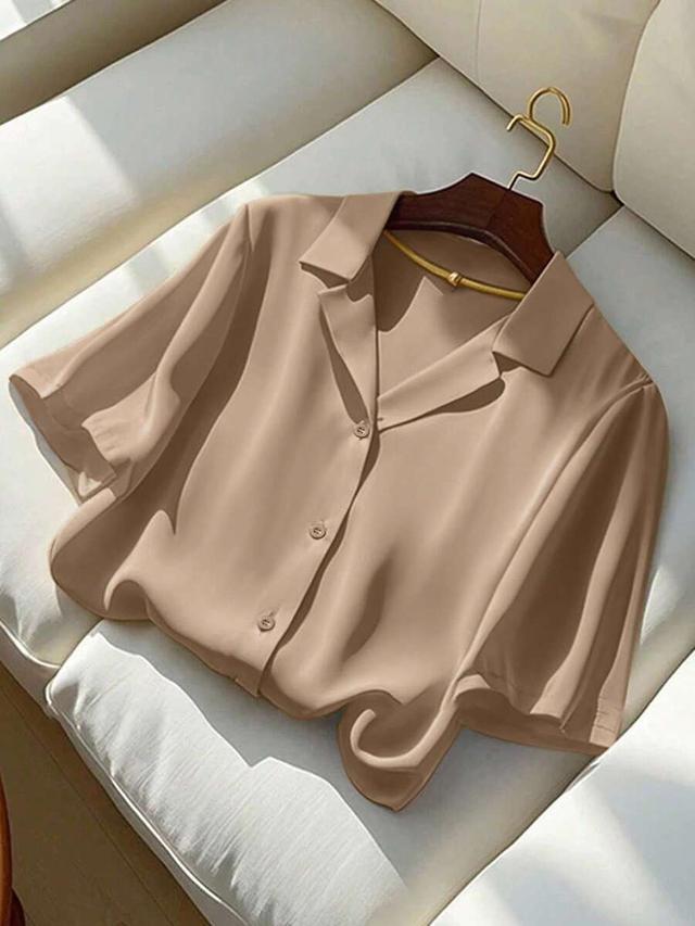 solid beige short sleeve turndown collar blouse