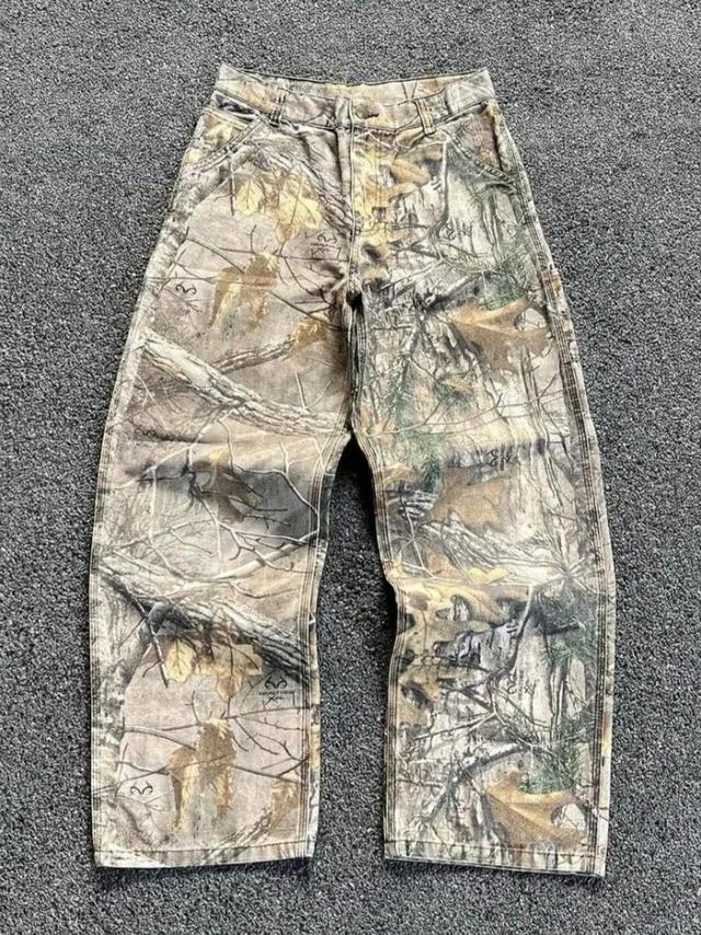 men's tree camouflage washed denim loose straight pants