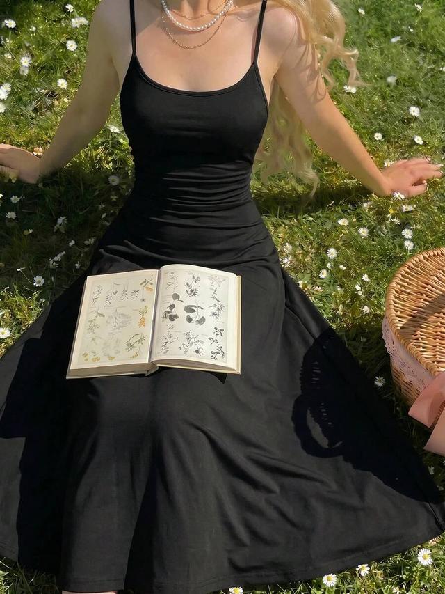 solid black cami dress with ruched waist