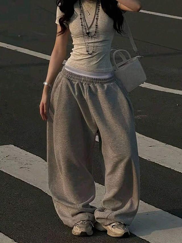 light grey elastic waist wide leg casual sweatpants