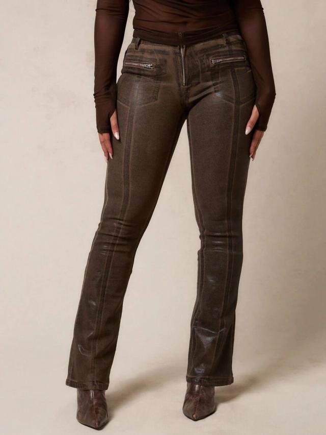 slim fit distressed bootcut denim jeans with front seams