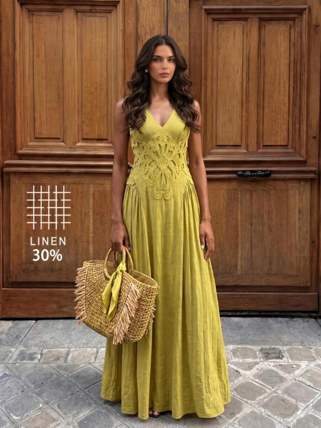 olive green sleeveless linen dress with waist embroidery
