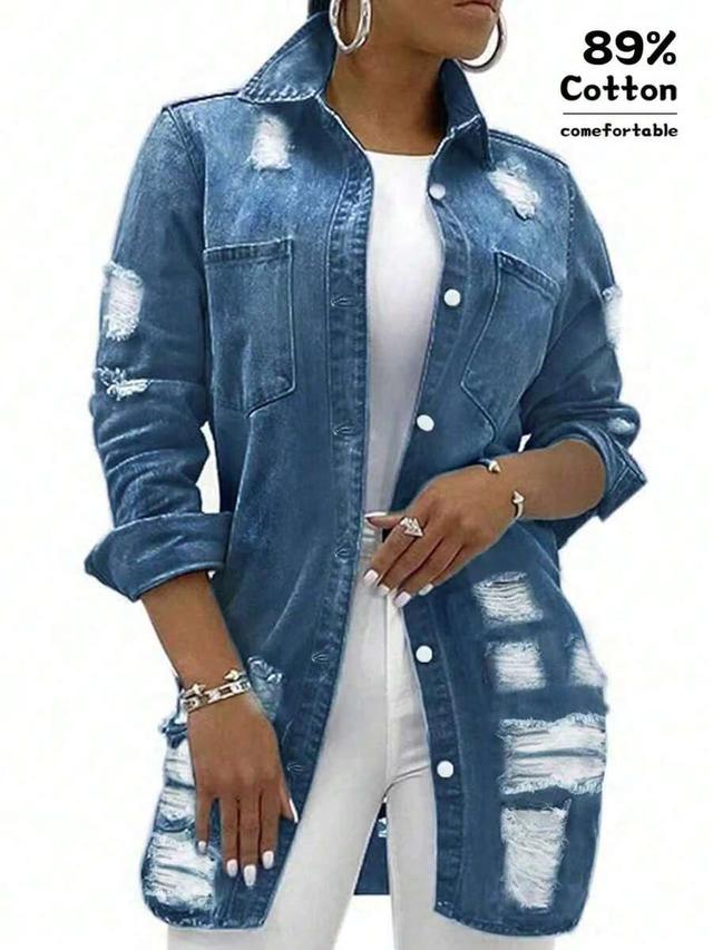 distressed blue denim button-up shirt jacket