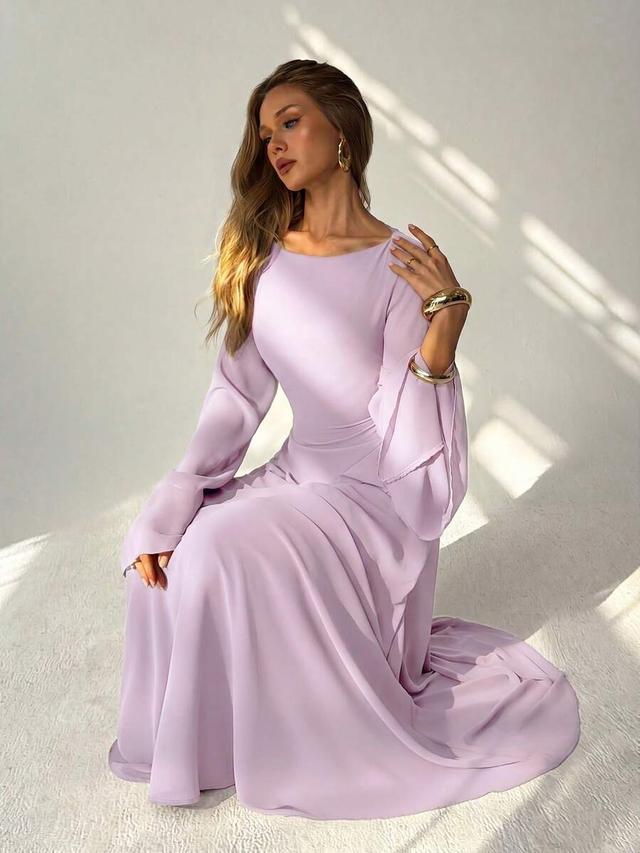 lilac off-shoulder flared sleeve ruffle ruched-back a-line dress