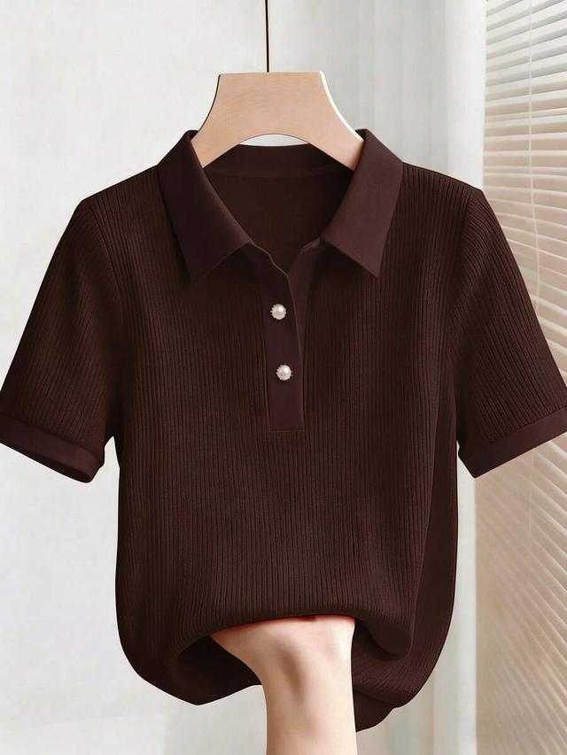 brown ribbed knit polo shirt with pearl buttons
