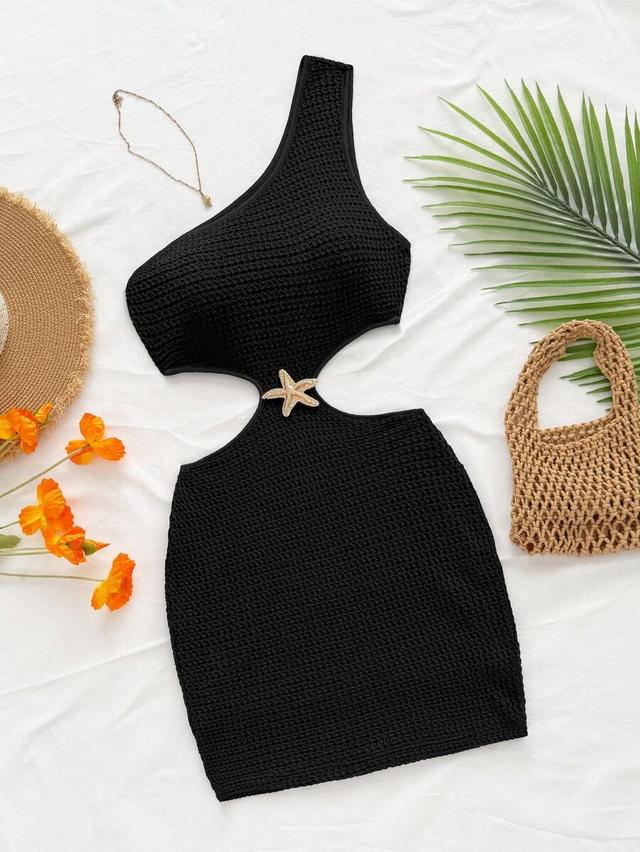 textured one shoulder cutout mini dress with buckle