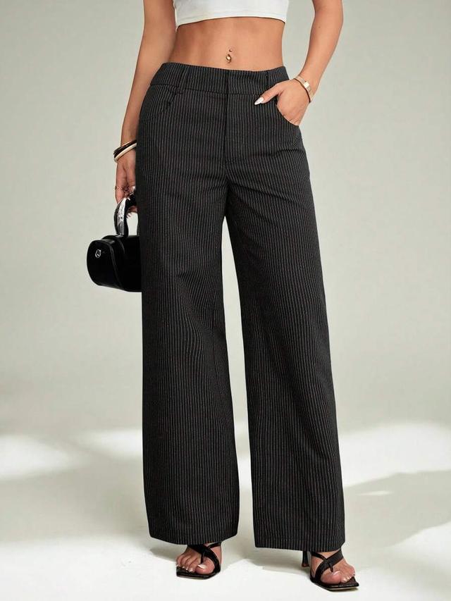 black pinstripe high-waisted wide leg trousers