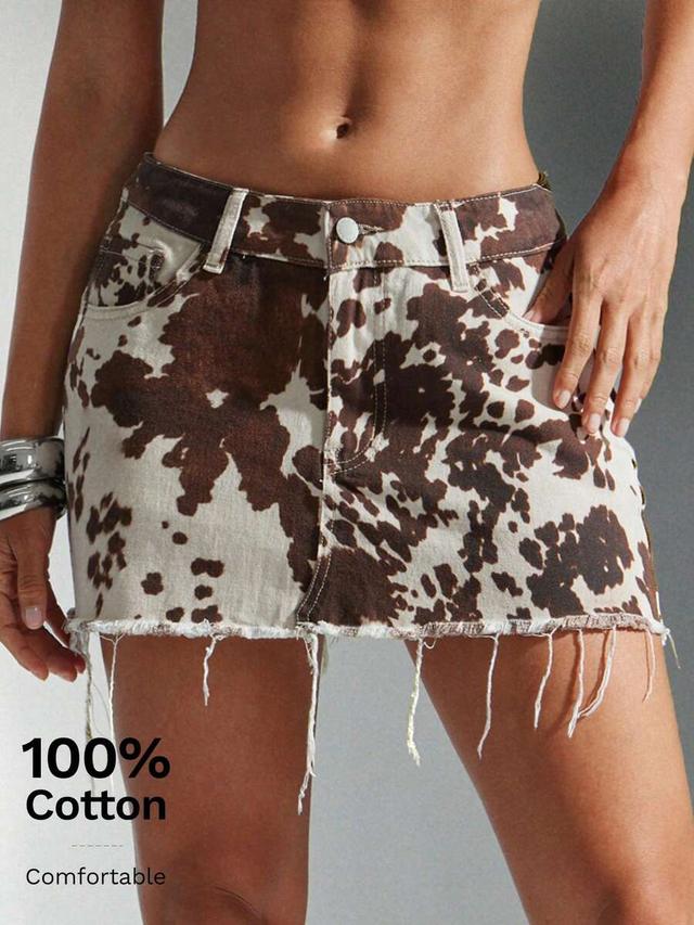 cow print denim mini skirt with raw hem