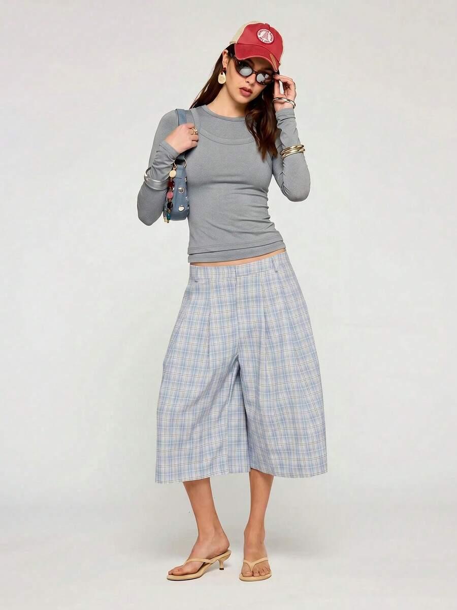 plaid blue low rise oversized blue plaid check shorts