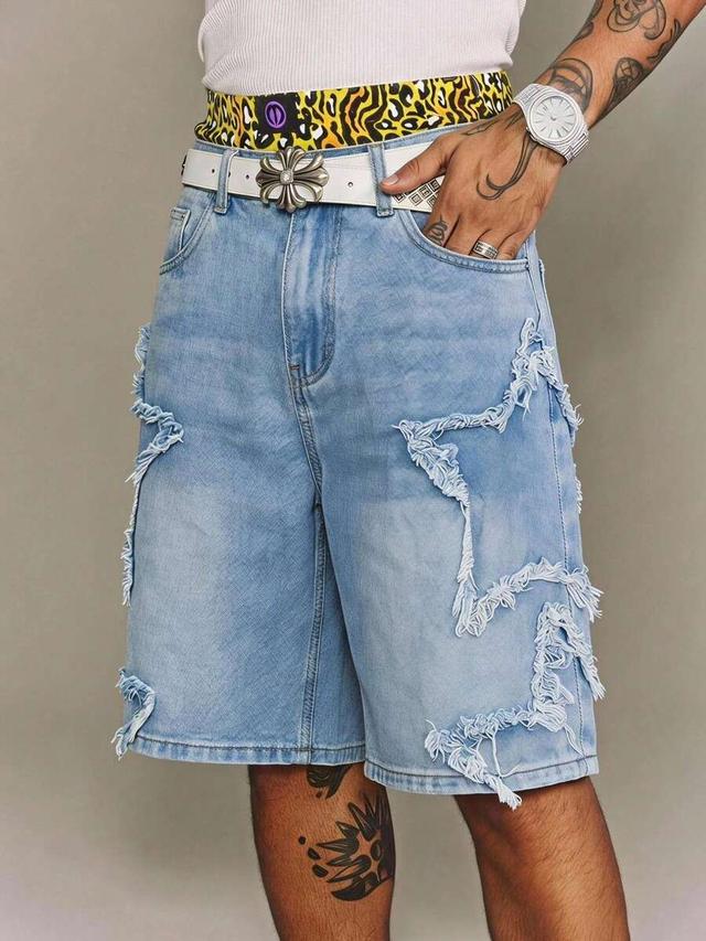 light wash distressed star patch denim shorts
