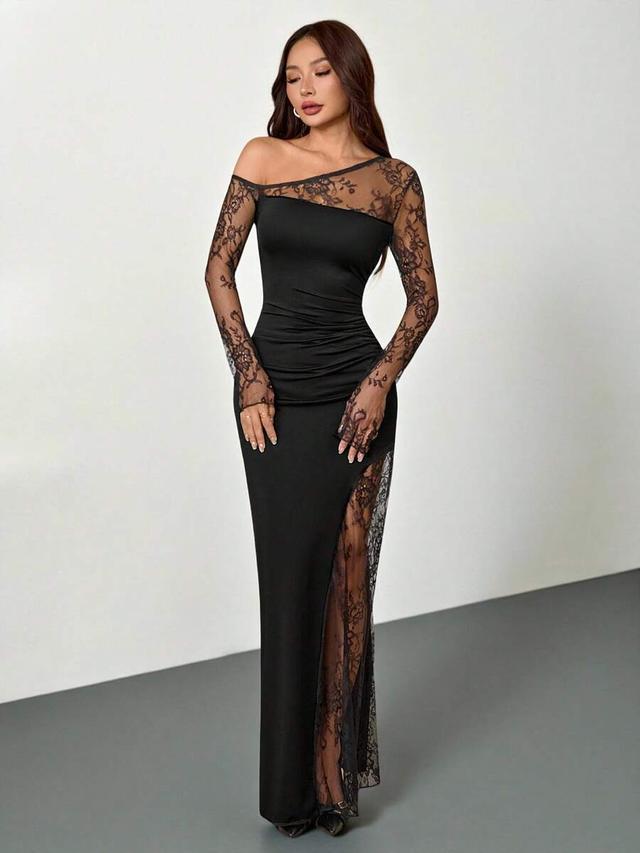 black lace contrast asymmetric bodycon party dress