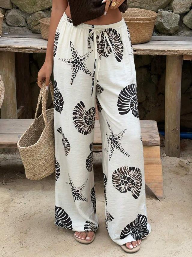 tropical ocean print tie-up wide-leg beach pants