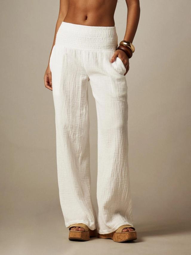 white smocked high waist wide leg gauze trousers