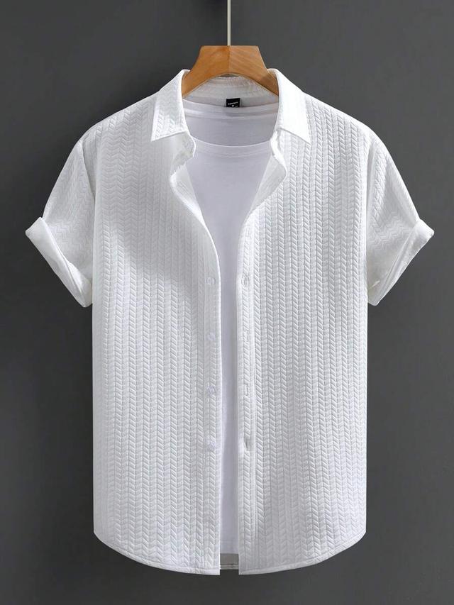 white geometric textured jacquard short sleeve shirt