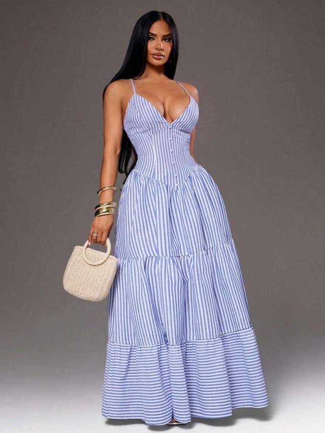 blue and white striped cotton midi dress