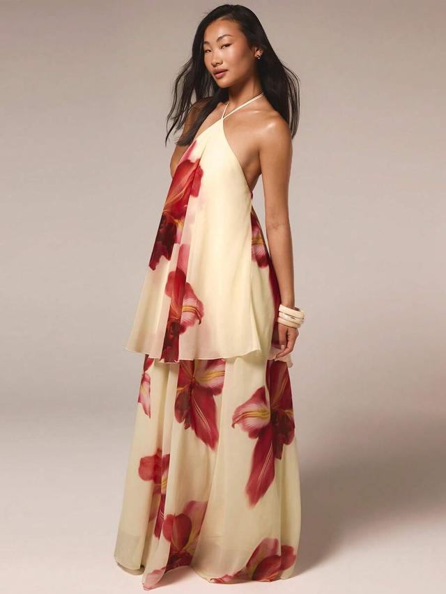 beige floral print double-layer halter maxi dress