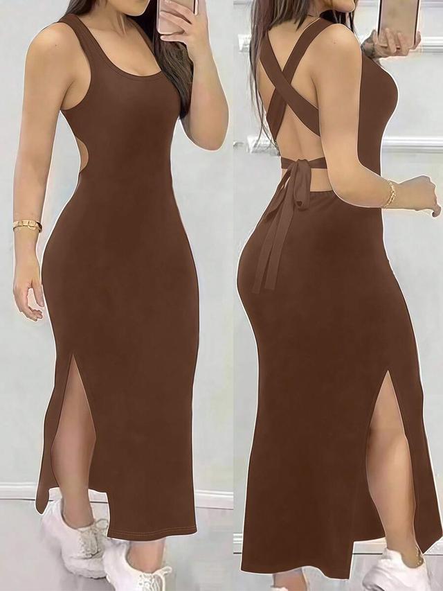 brown fitted backless criss-cross strap slit dress