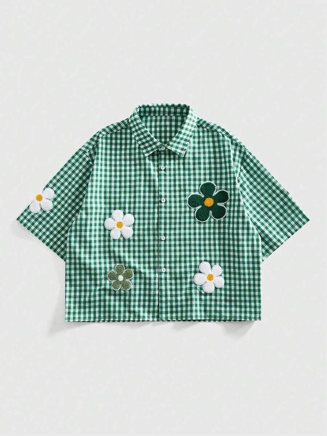 green gingham daisy embroidery short sleeve shirt
