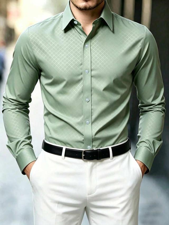 sage green diamond jacquard slim fit formal shirt