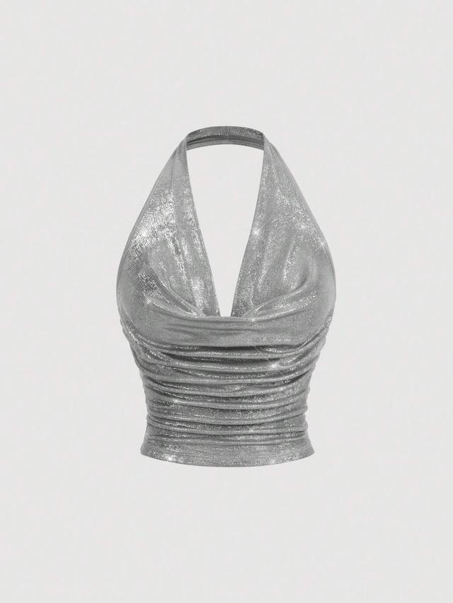 silver metallic ruched halter top